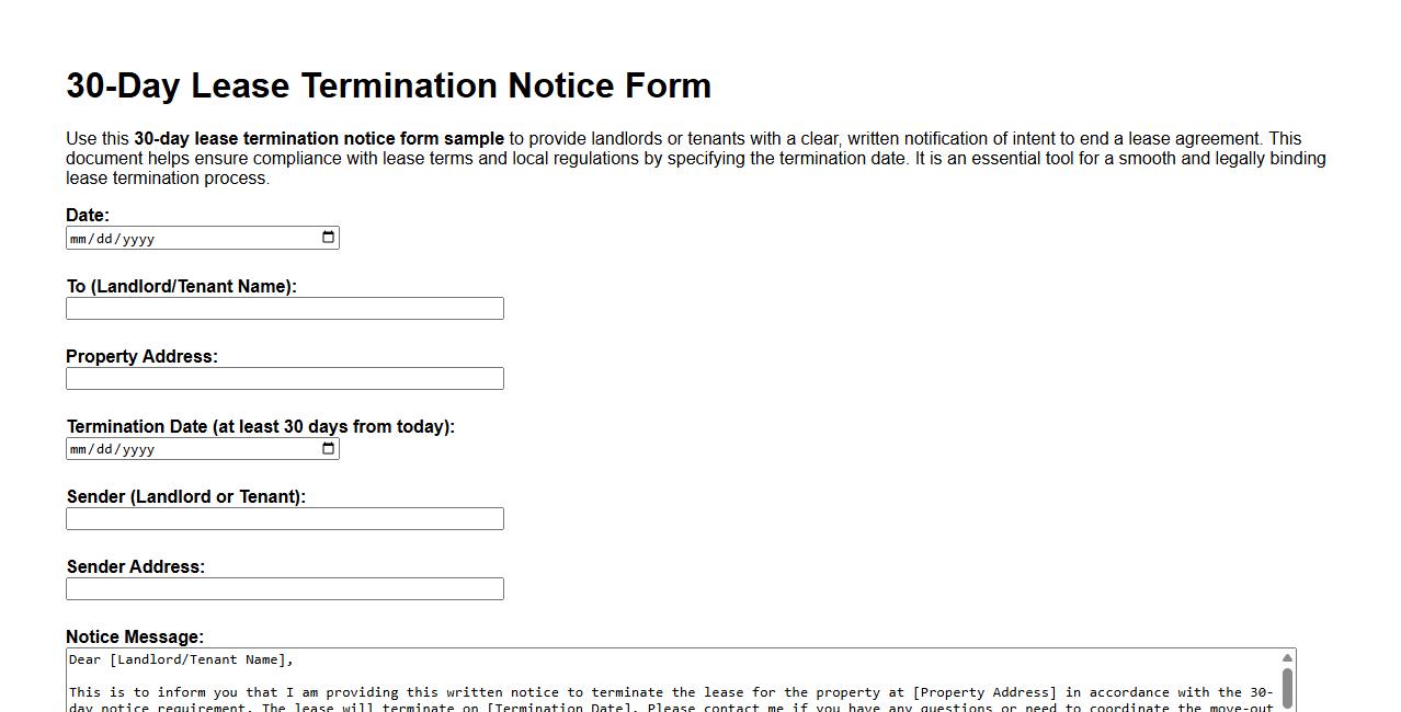 30-day lease termination notice form sample image preview
