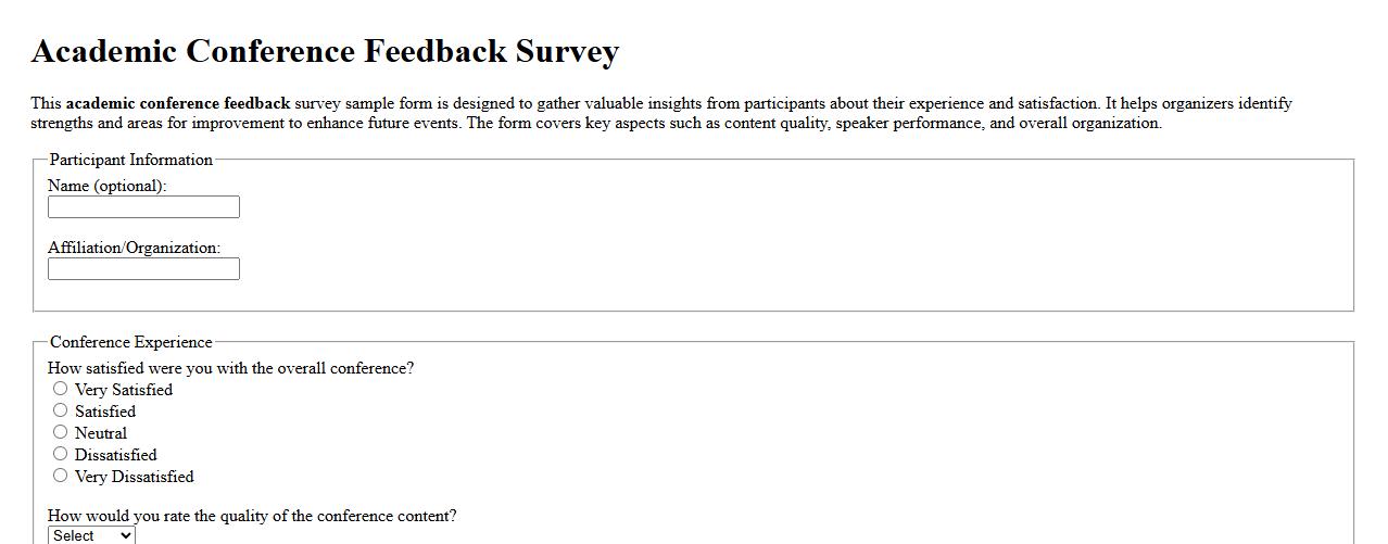 Academic conference feedback survey sample form image preview