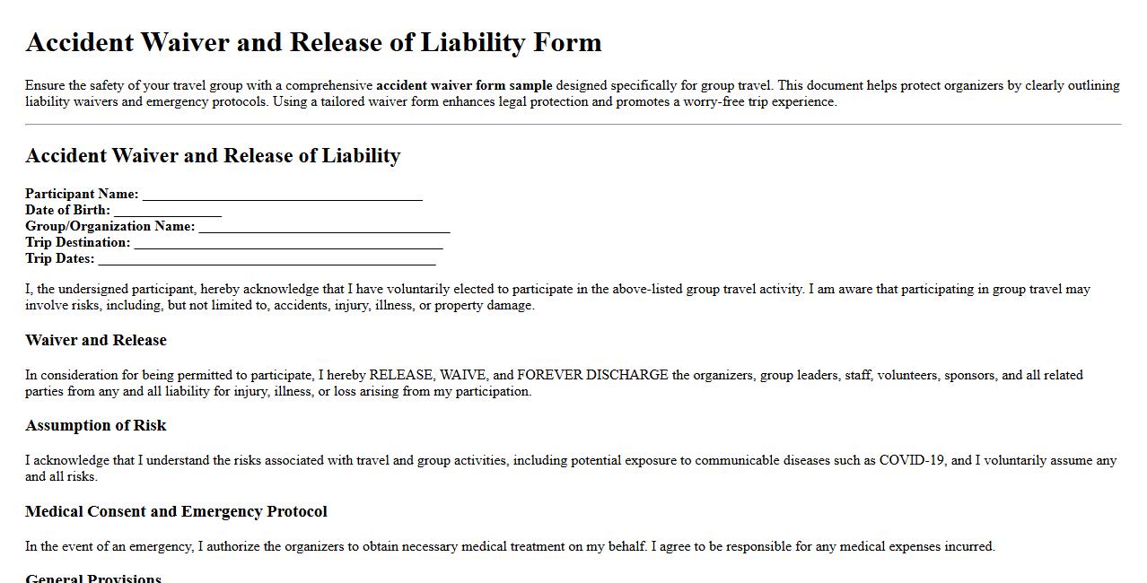 accident waiver form sample for travel groups image preview