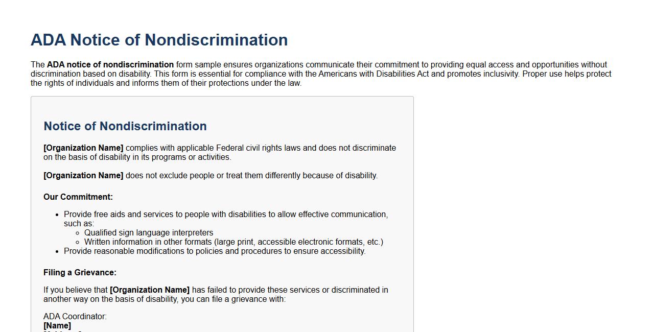 ADA notice of nondiscrimination form sample image preview