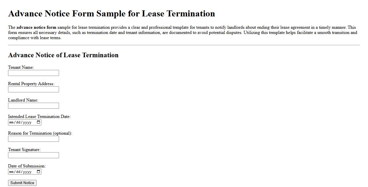 Advance notice form sample for lease termination image preview
