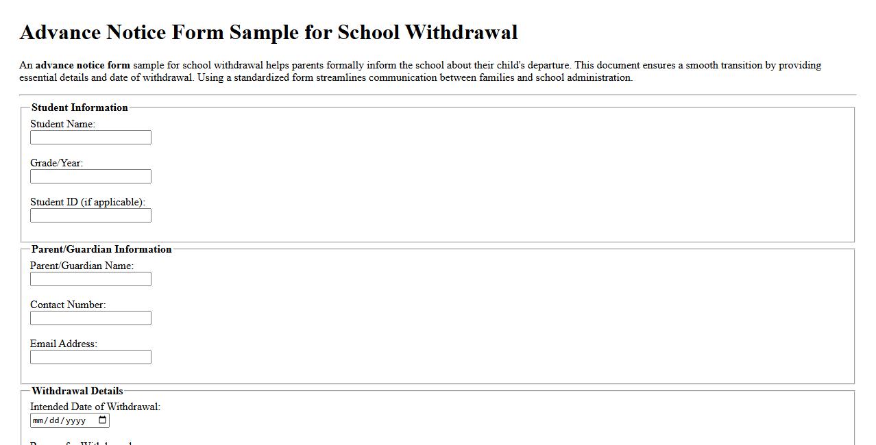 Advance notice form sample for school withdrawal image preview
