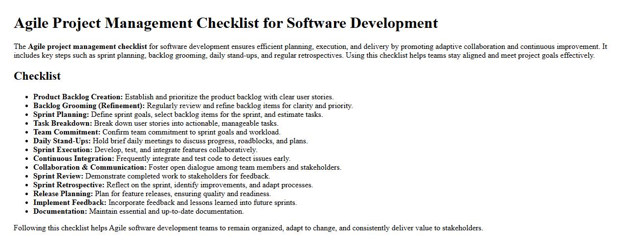 Agile project management checklist for software development image preview