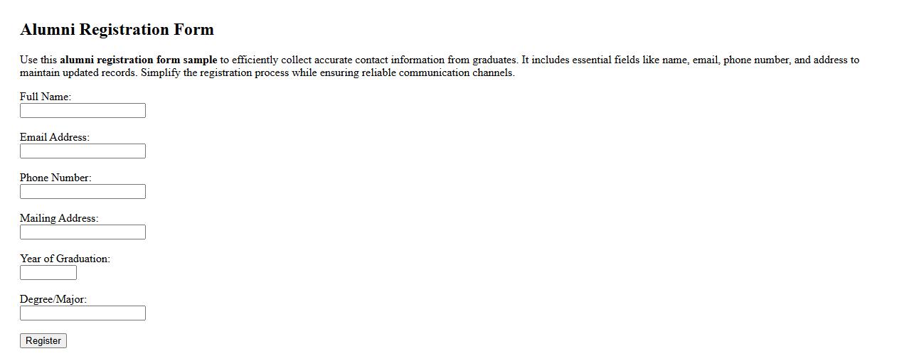 Alumni registration form sample with contact information fields image preview