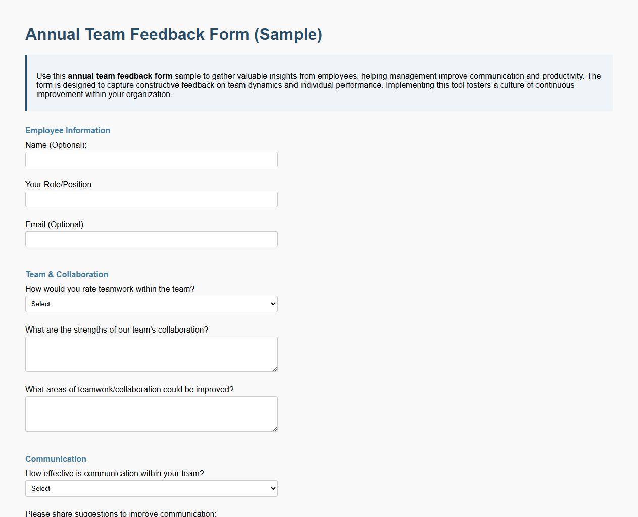 Annual team feedback form sample for management image preview