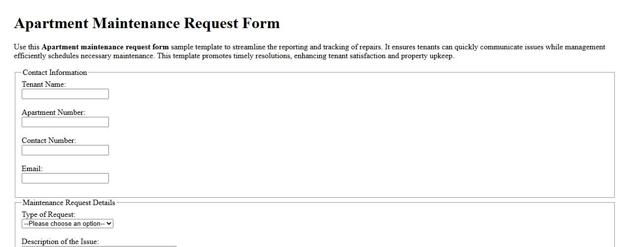 Apartment maintenance request form sample template image preview