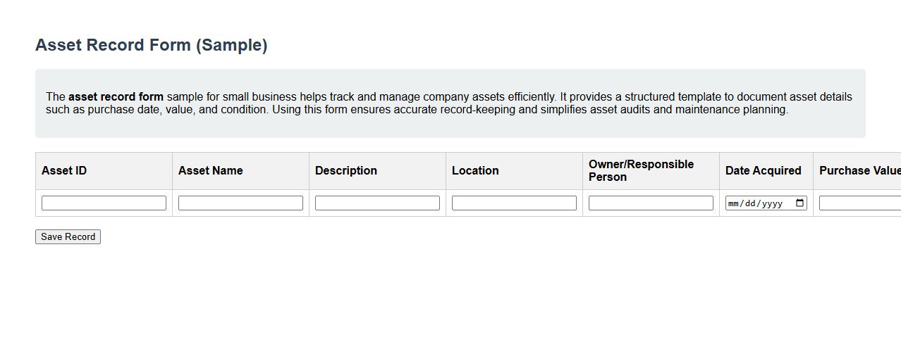 asset record form sample for small business image preview