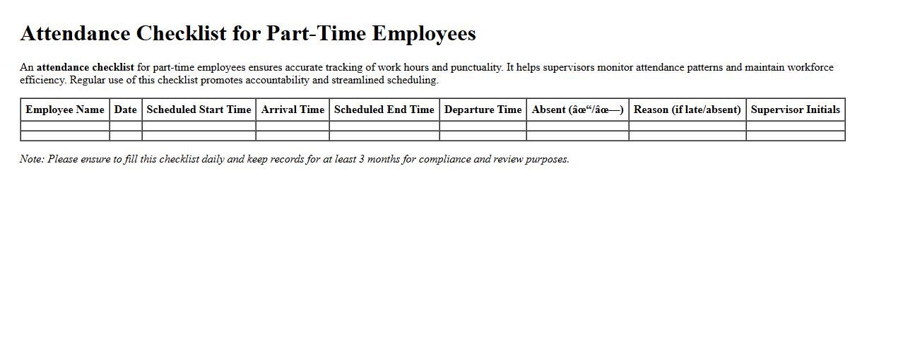 Attendance checklist for part-time employees image preview
