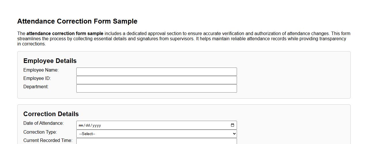 attendance correction form sample with approval section image preview