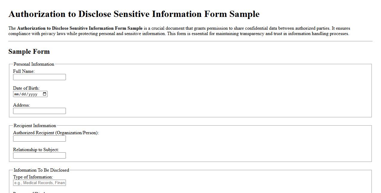 Authorization to Disclose Sensitive Information Form Sample image preview