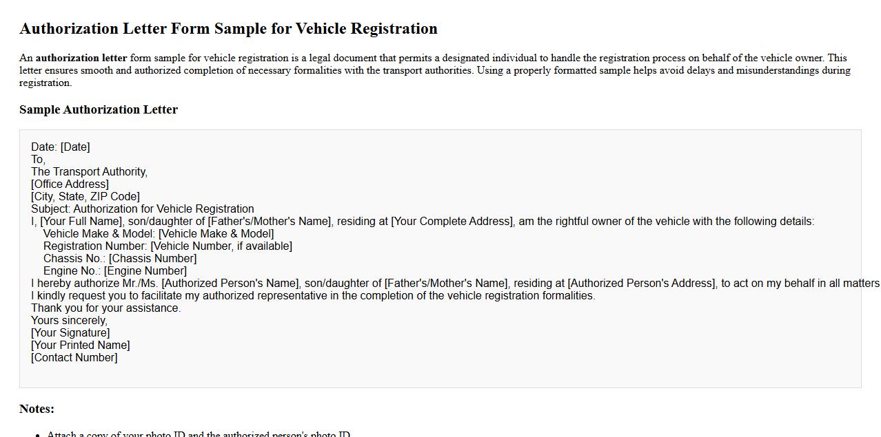 Authorization letter form sample for vehicle registration image preview
