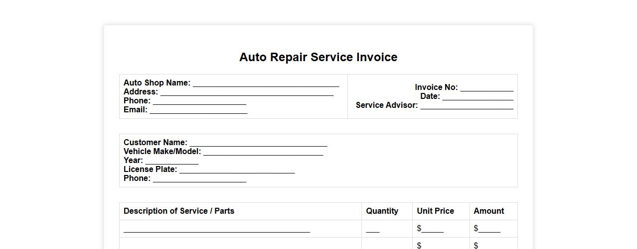 auto repair service invoice form sample image preview