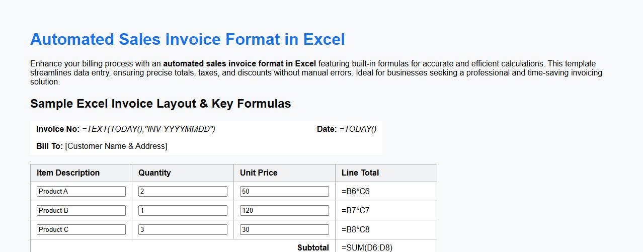 automated sales invoice format in excel with formulas image preview