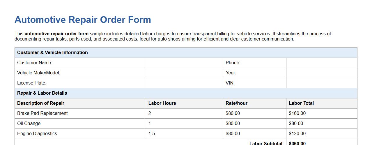automotive repair order form sample with labor charges image preview