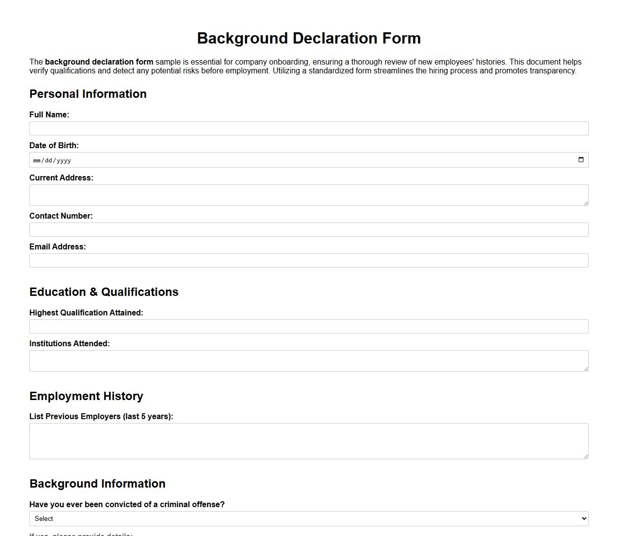 Background declaration form sample for company onboarding image preview
