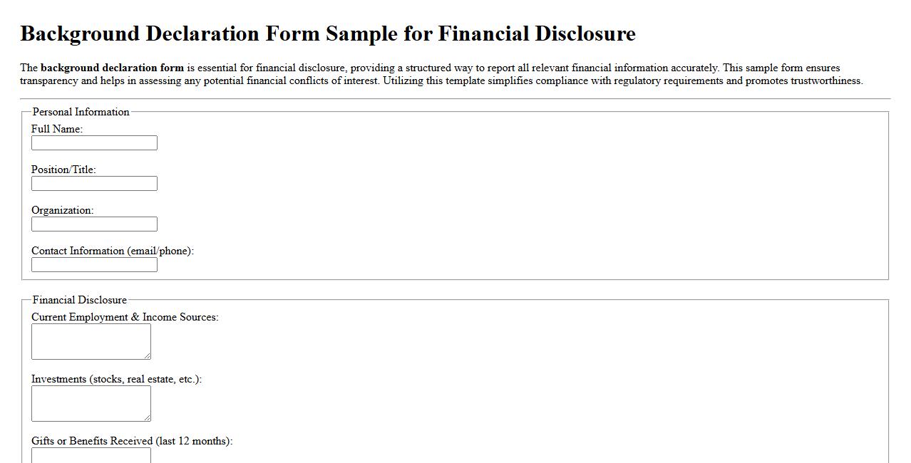 Background declaration form sample for financial disclosure image preview