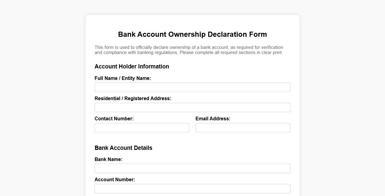 Bank account ownership declaration form sample image preview