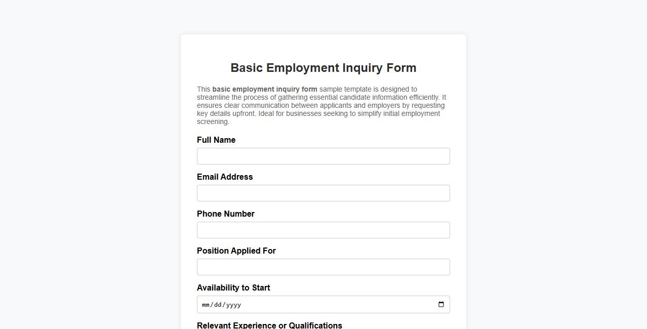 basic employment inquiry form sample template image preview