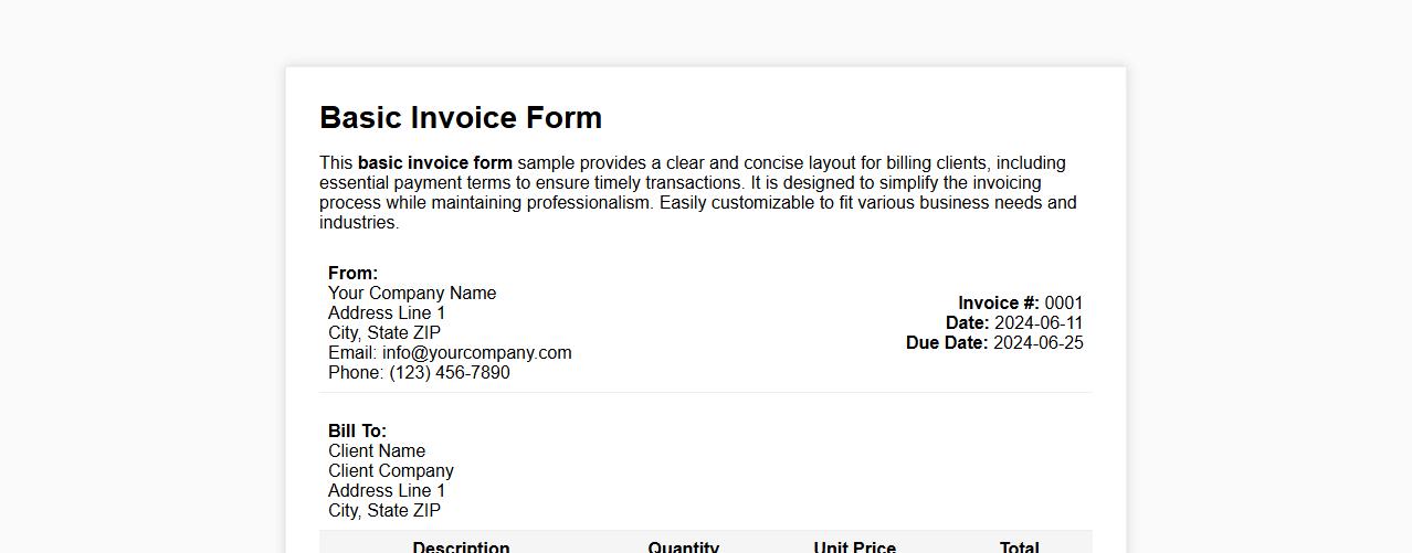 Basic invoice form sample including payment terms image preview