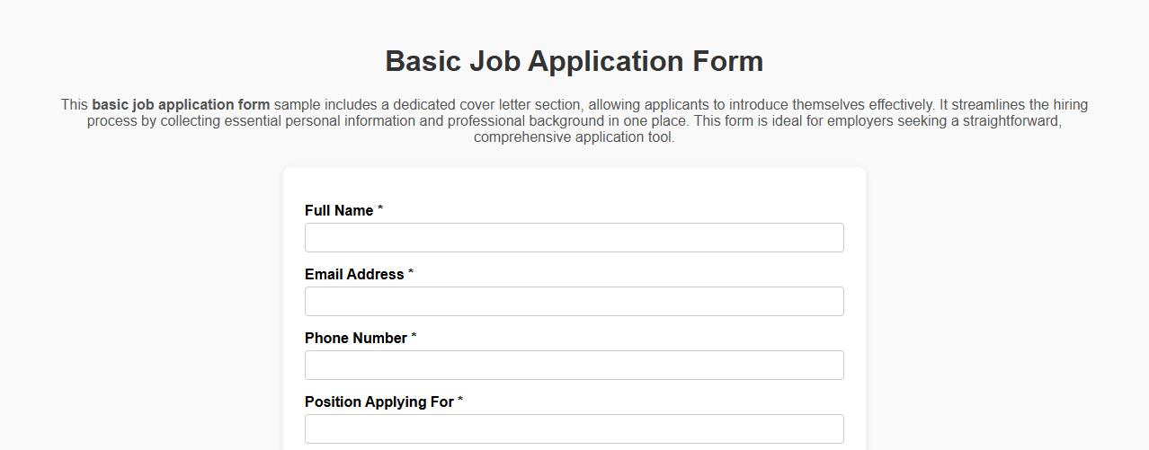 Basic job application form sample with cover letter section image preview