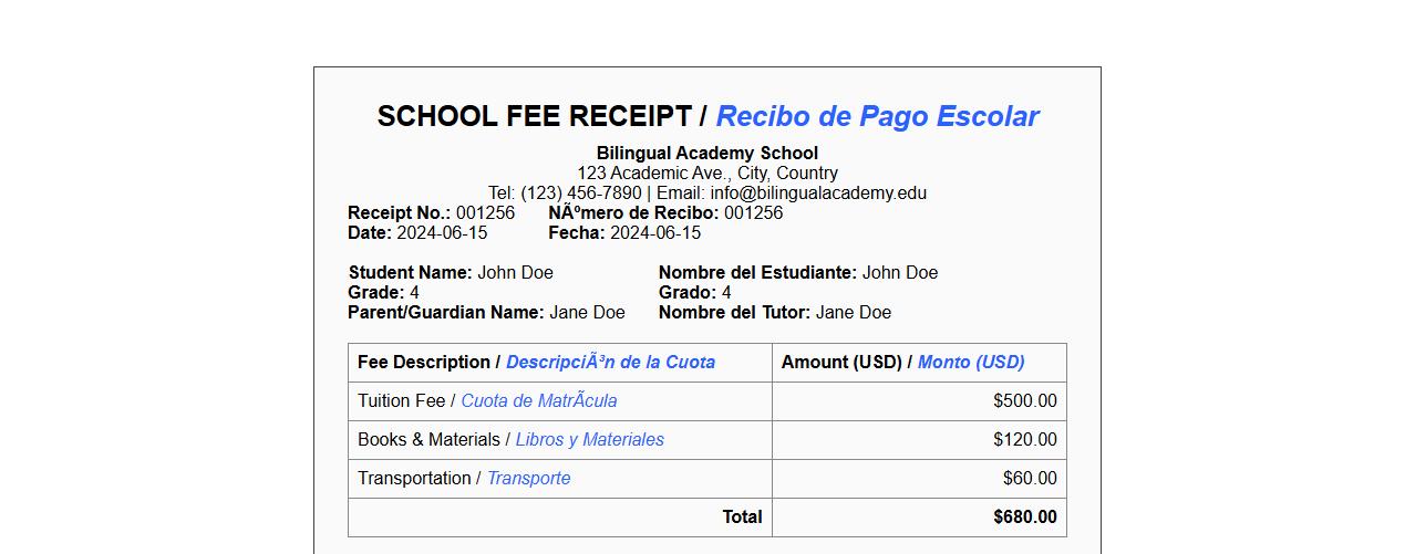 bilingual school fee receipt format image preview