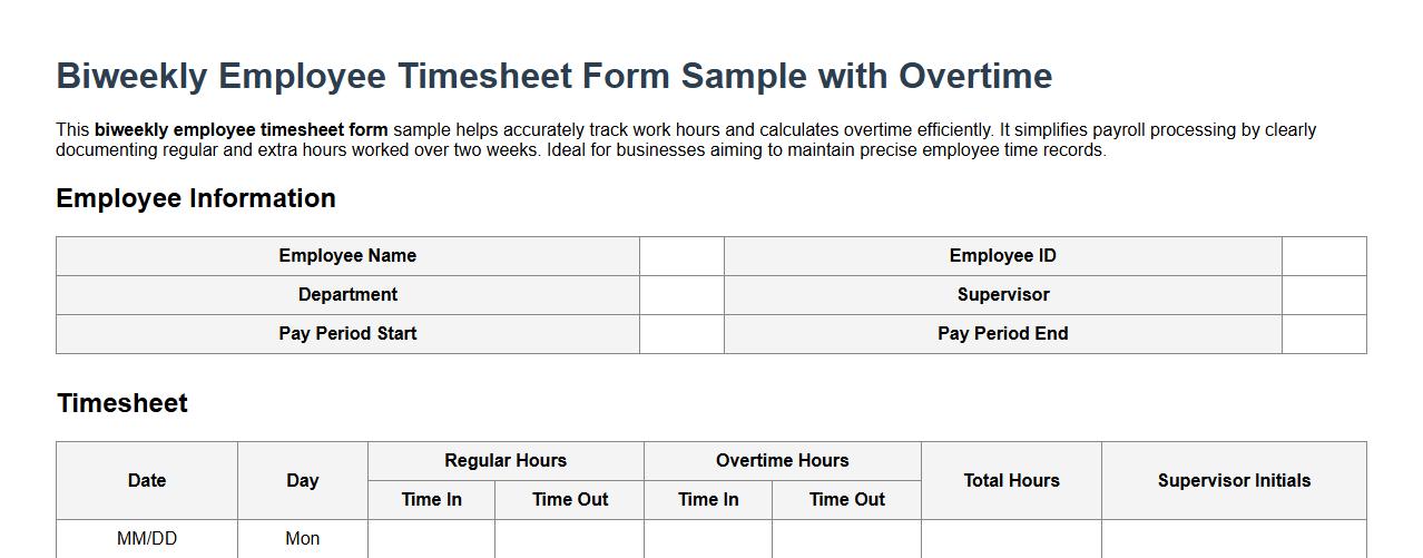 Biweekly employee timesheet form sample with overtime image preview