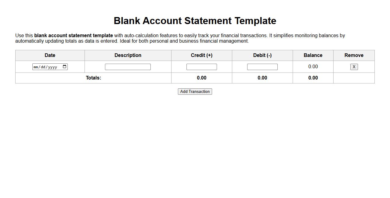 Blank account statement template with auto-calculation image preview