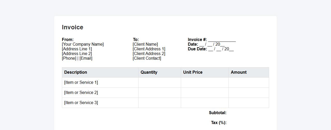 Blank invoice form sample with itemized charges image preview