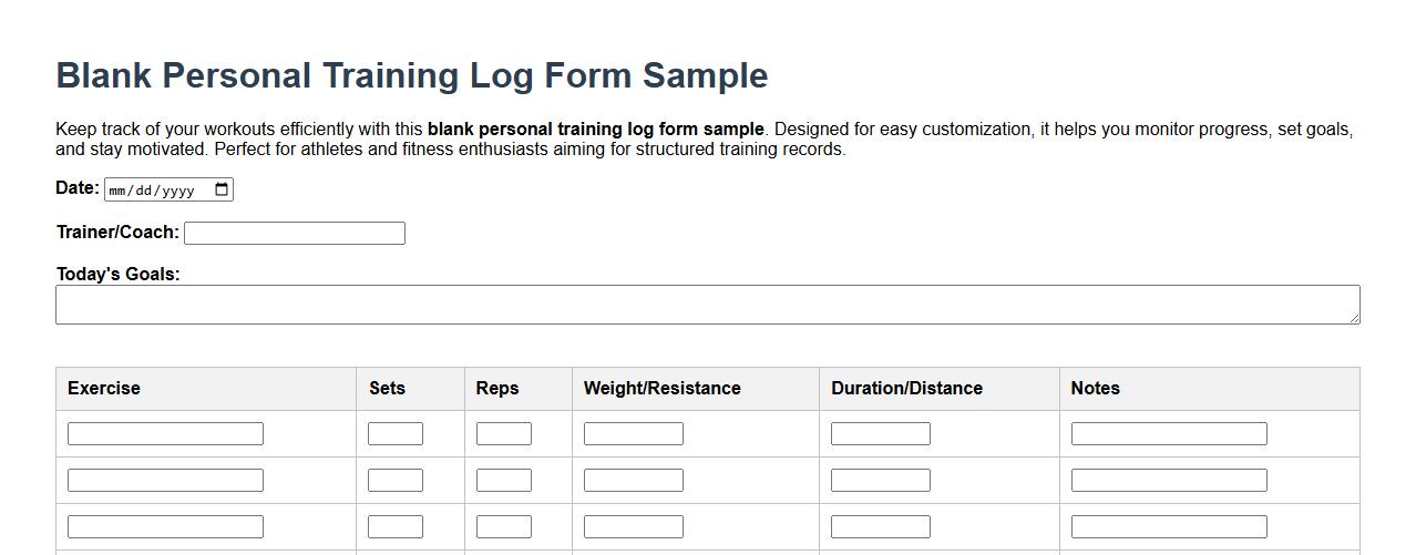 blank personal training log form sample image preview
