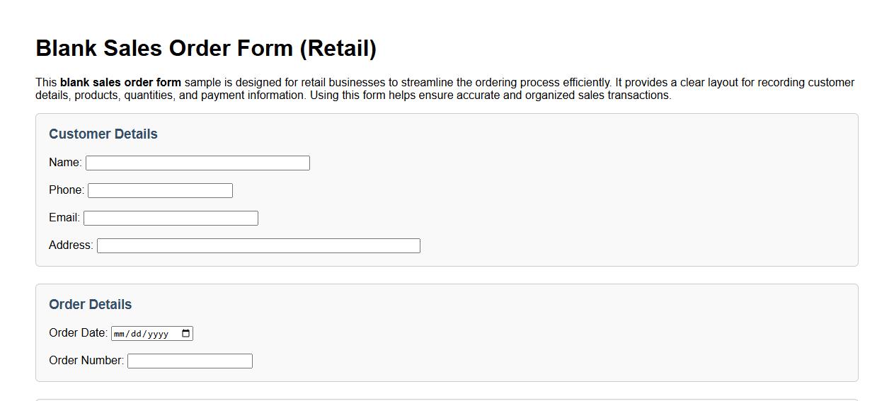 Blank sales order form sample for retail image preview