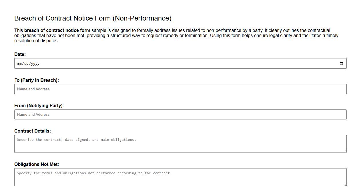 Breach of contract notice form sample for non-performance image preview
