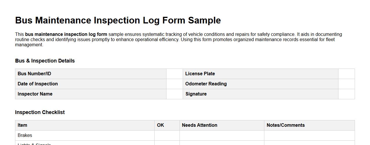 Bus maintenance inspection log form sample image preview