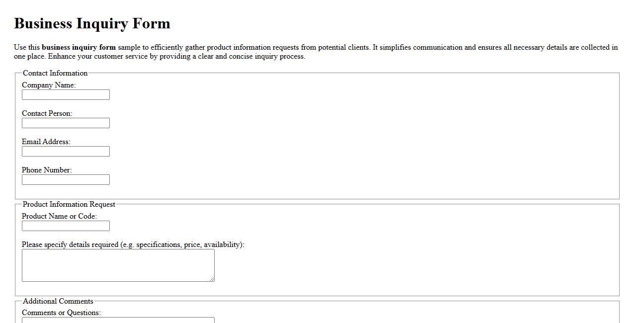 Business inquiry form sample for product information requests image preview