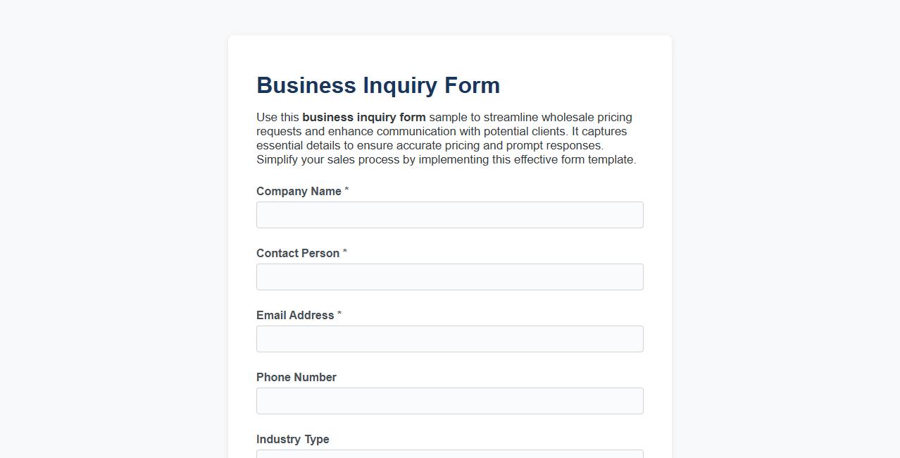 Business inquiry form sample for wholesale pricing image preview