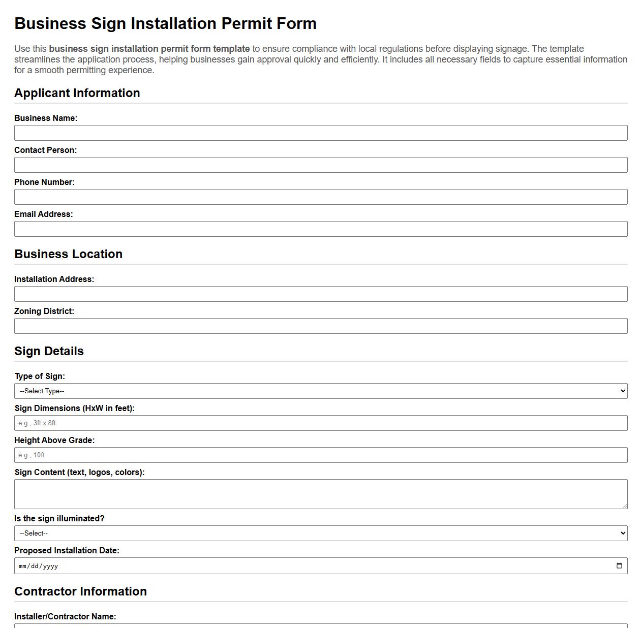 business sign installation permit form template image preview