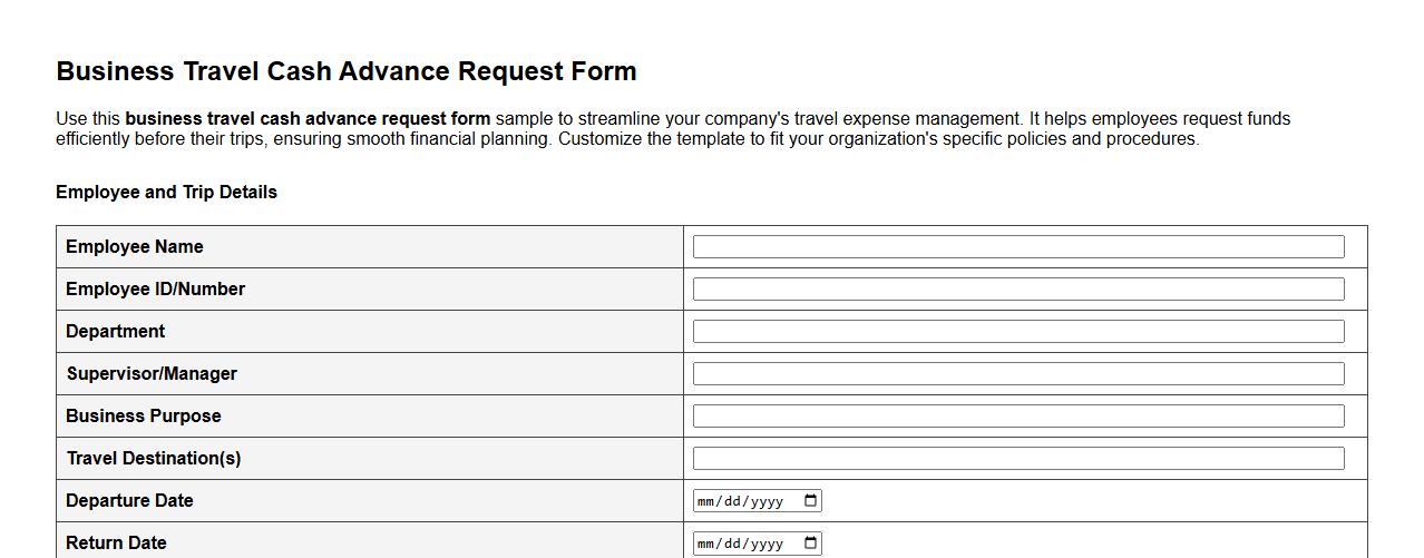 business travel cash advance request form sample image preview