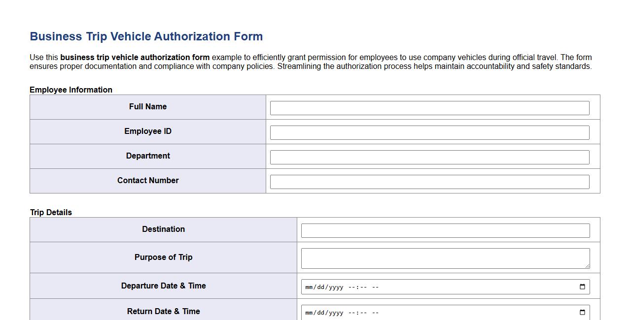 business trip vehicle authorization form example image preview