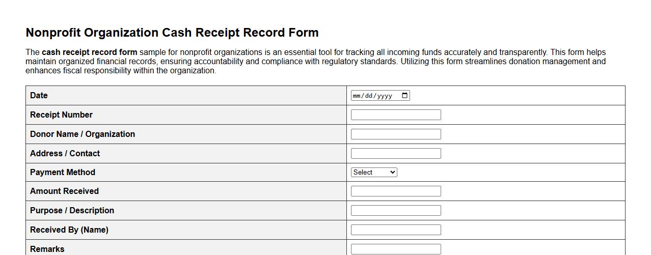 cash receipt record form sample for nonprofit organization image preview