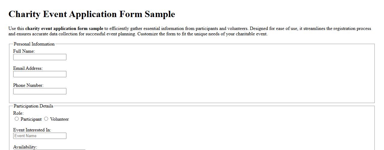 Charity event application form sample image preview