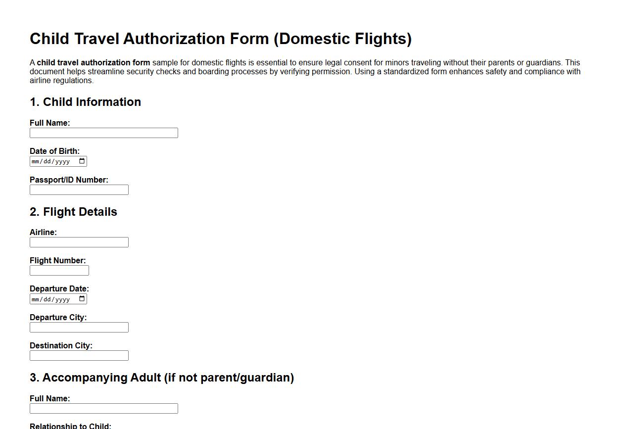 Child travel authorization form sample for domestic flights image preview