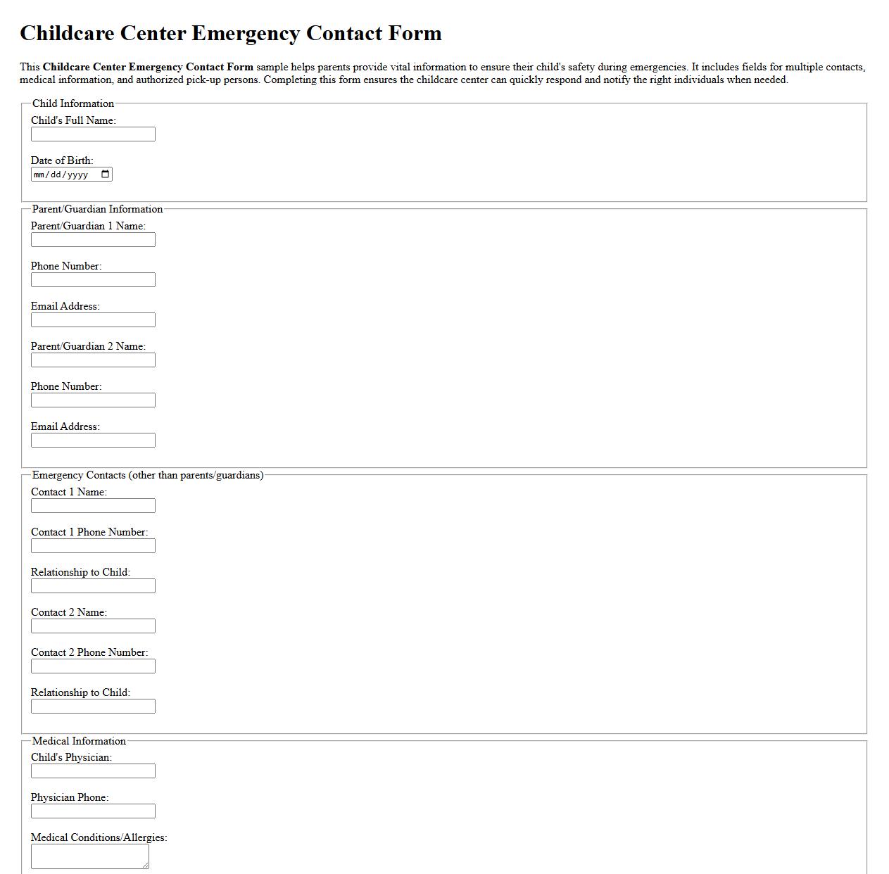 Childcare Center Emergency Contact Form Sample for Parents image preview