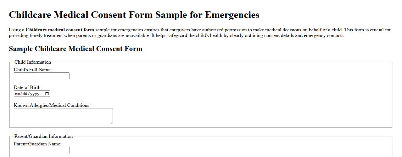 Childcare medical consent form sample for emergencies image preview