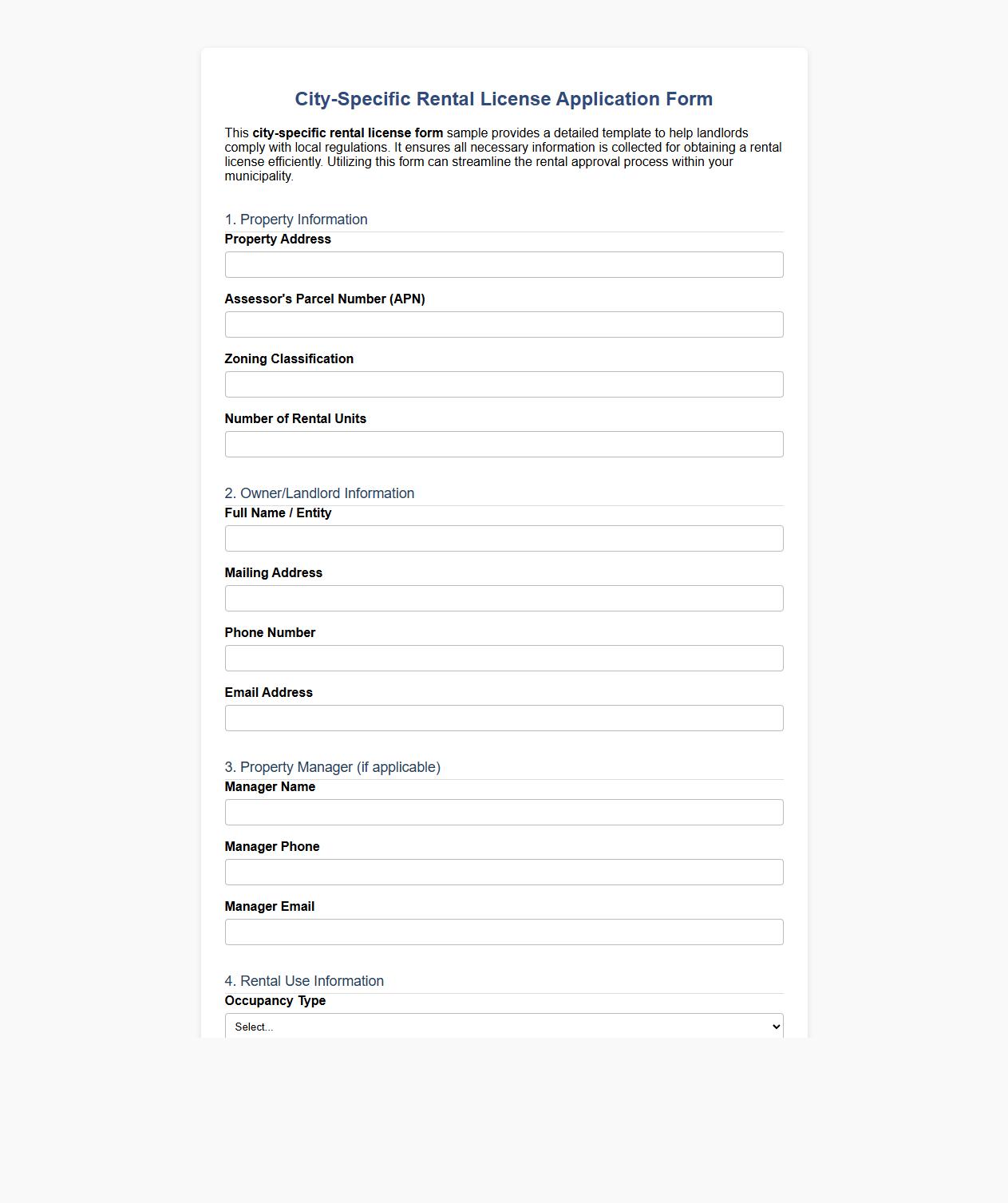 City-specific rental license form sample image preview