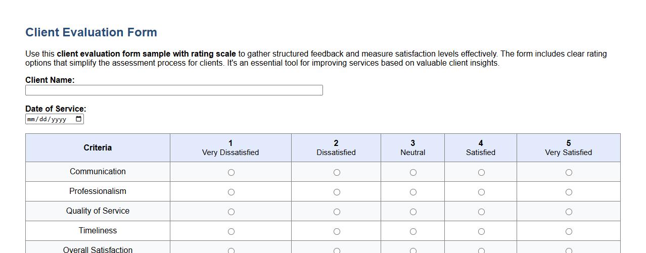 Client evaluation form sample with rating scale image preview