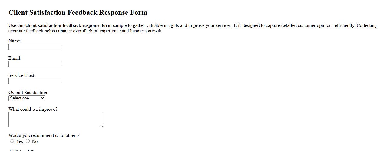 Client satisfaction feedback response form sample image preview