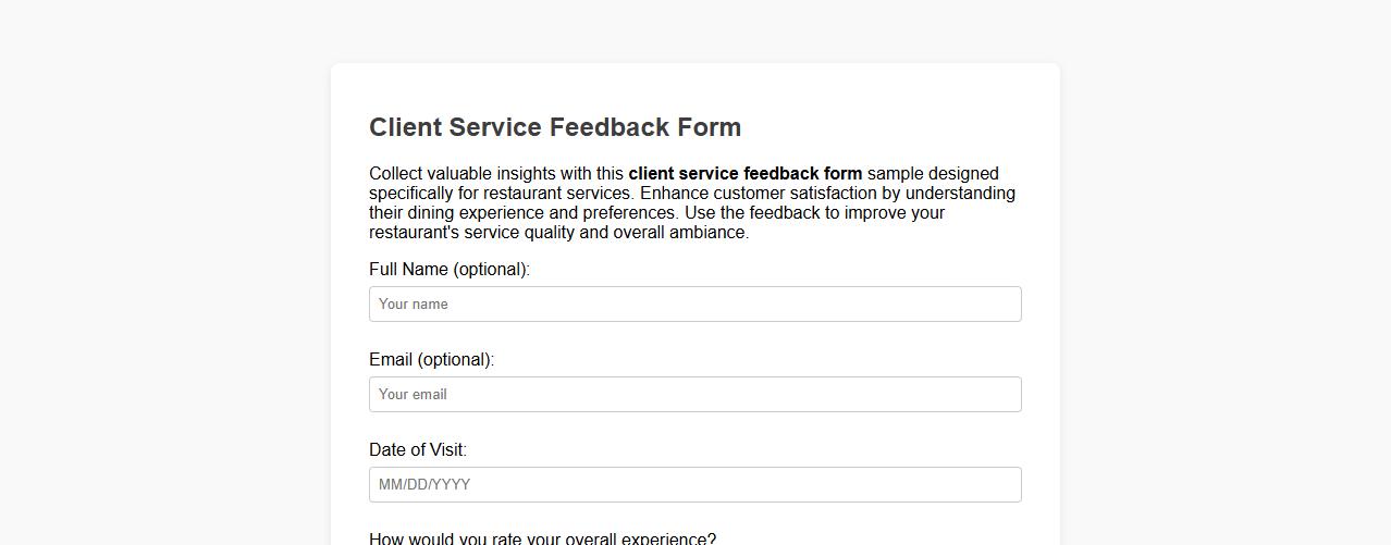 Client service feedback form sample for restaurant services image preview