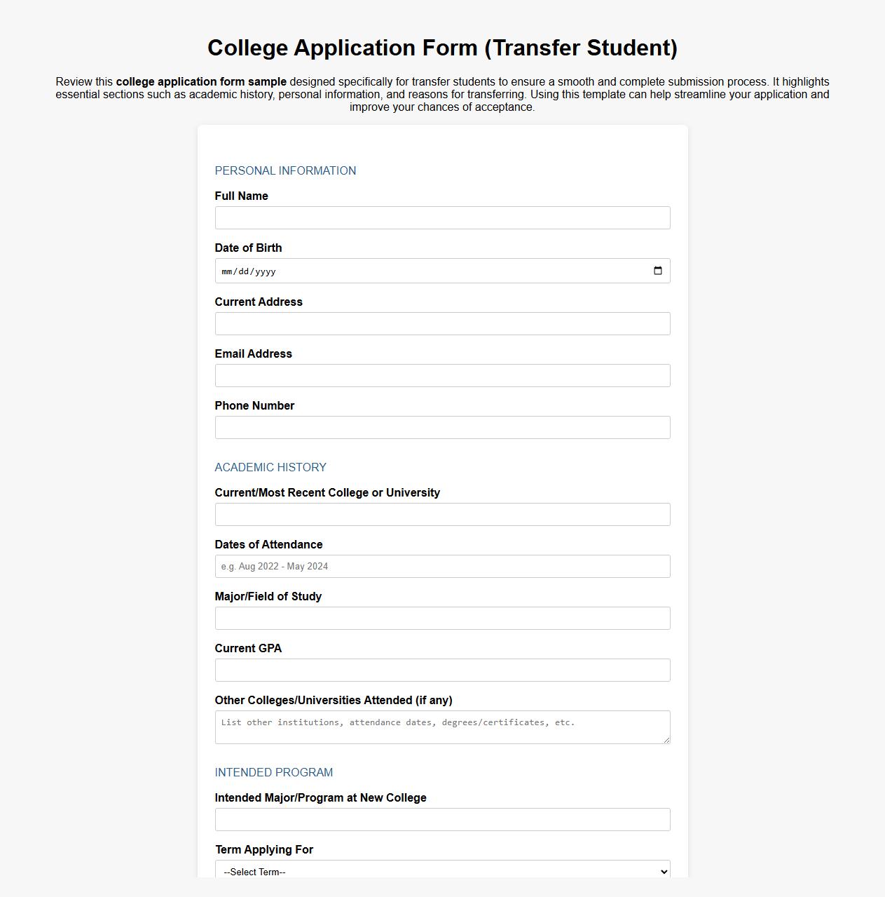 College application form sample for transfer students image preview