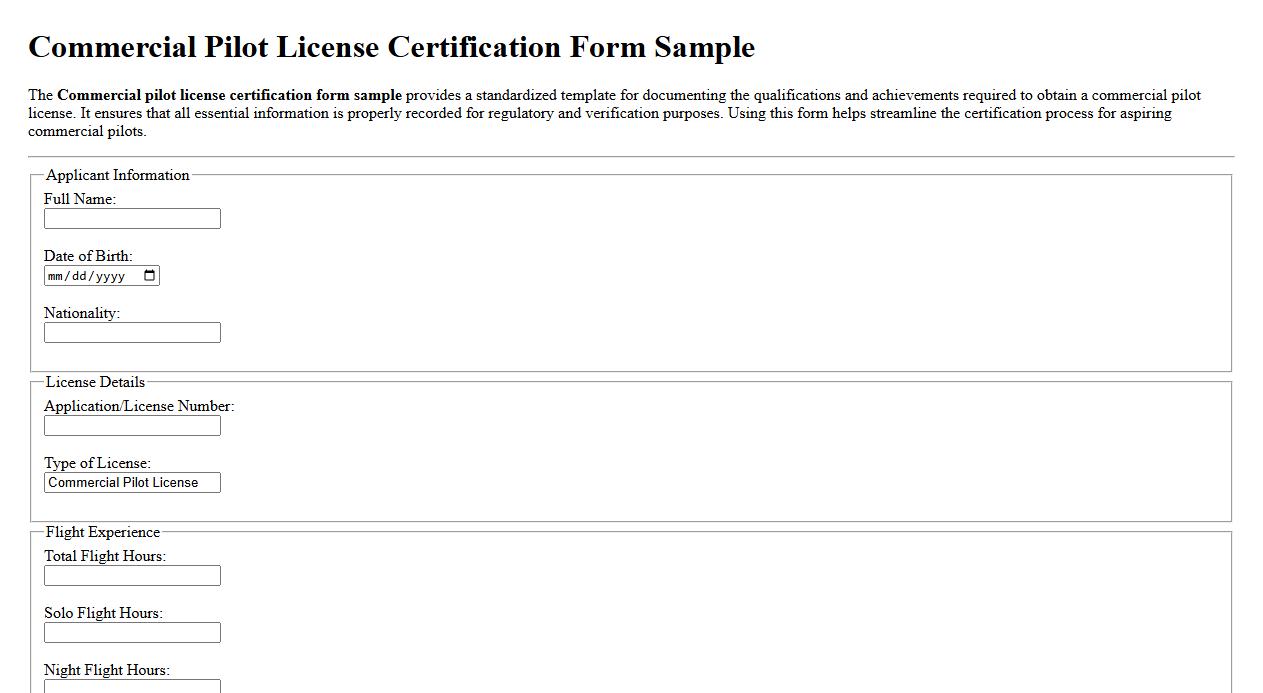Commercial pilot license certification form sample image preview