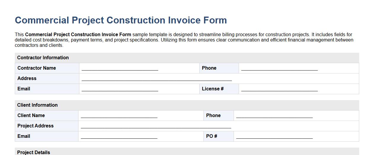 Commercial project construction invoice form sample template image preview