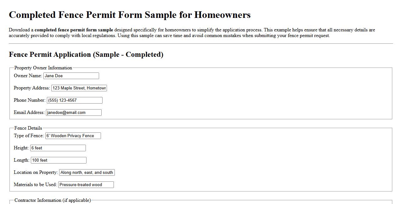 Completed fence permit form sample for homeowners image preview